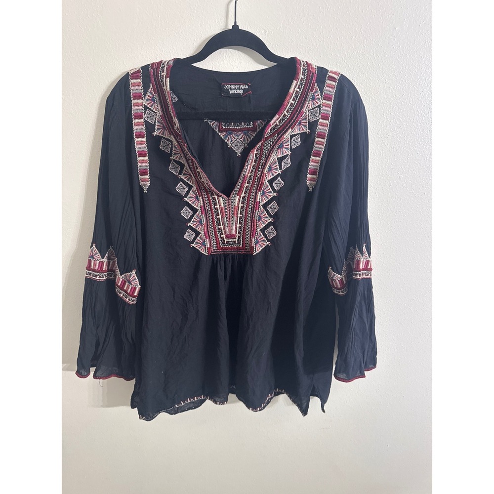 Johnny Was Workshop Black Embroidered Cotton Peasant Blouse Womens Large